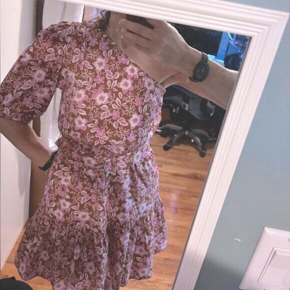 Jason Wu one shoulder floral cotton blend belted mini dress. M - Picture 7 of 16